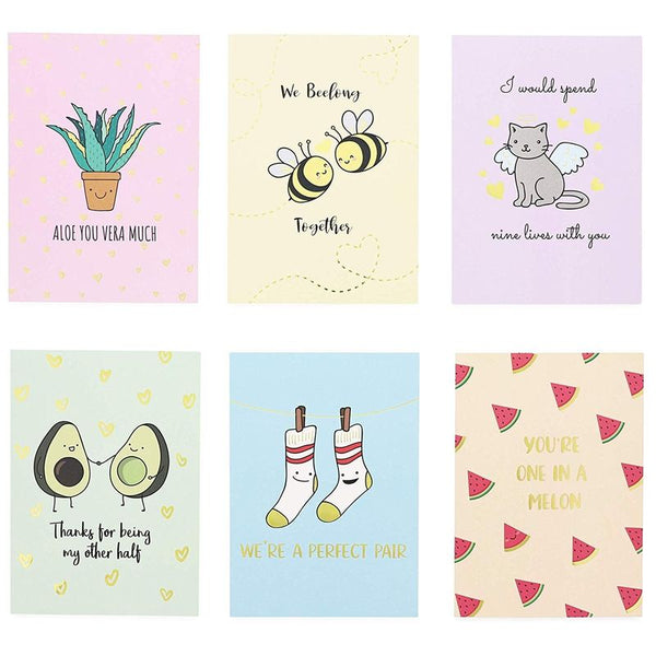 Cute Valentine's Day Cards with Puns, 6 Designs (5 x 7 In, 12 Pack