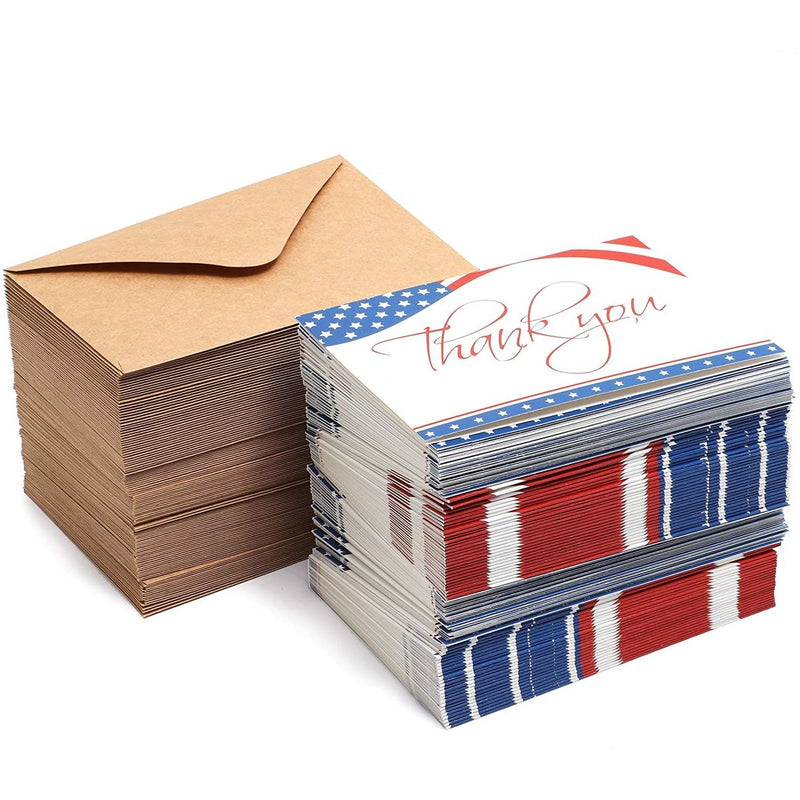 American Flag Thank You Cards with Envelopes Bulk Set, Blank (4x6 In, 120 Pack)