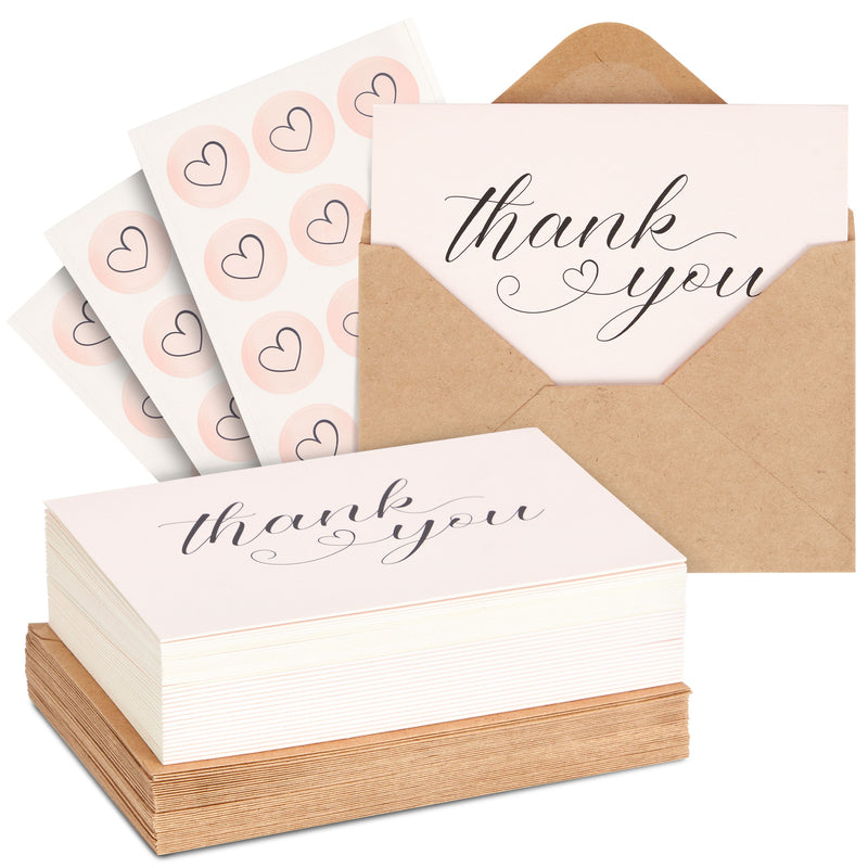 36 Pack 4x6 Simple Thank You Cards with Envelopes, Pink Heart Stickers for Wedding, Bridal Shower, Baby Shower