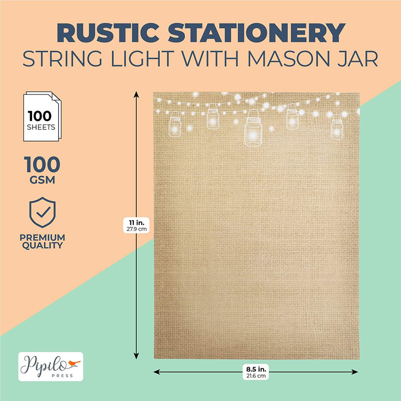Mason Jar and String Light Rustic Stationery Set (Letter Size, 100 Sheets)