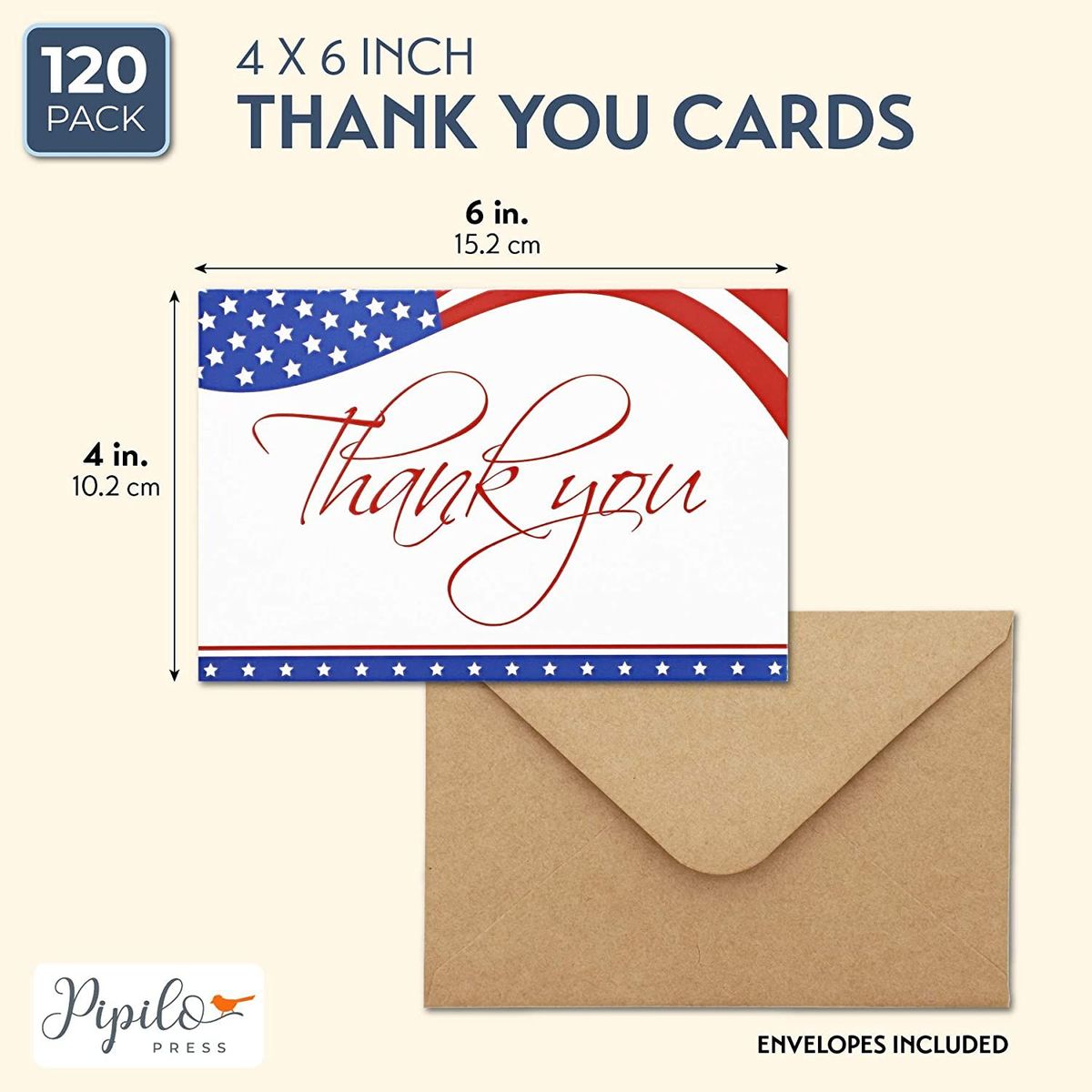 American Flag Thank You Cards with Envelopes Bulk Set, Blank (4x6 In, –  Pipilo Press