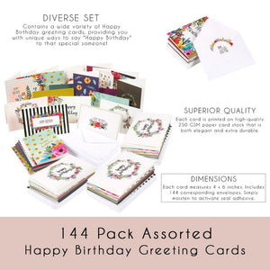 144-Pack Birthday Cards Assortment with Envelopes, 18 Unique Designs Value Pack, Blank Inside, for Workplace Employees Men Women Parent