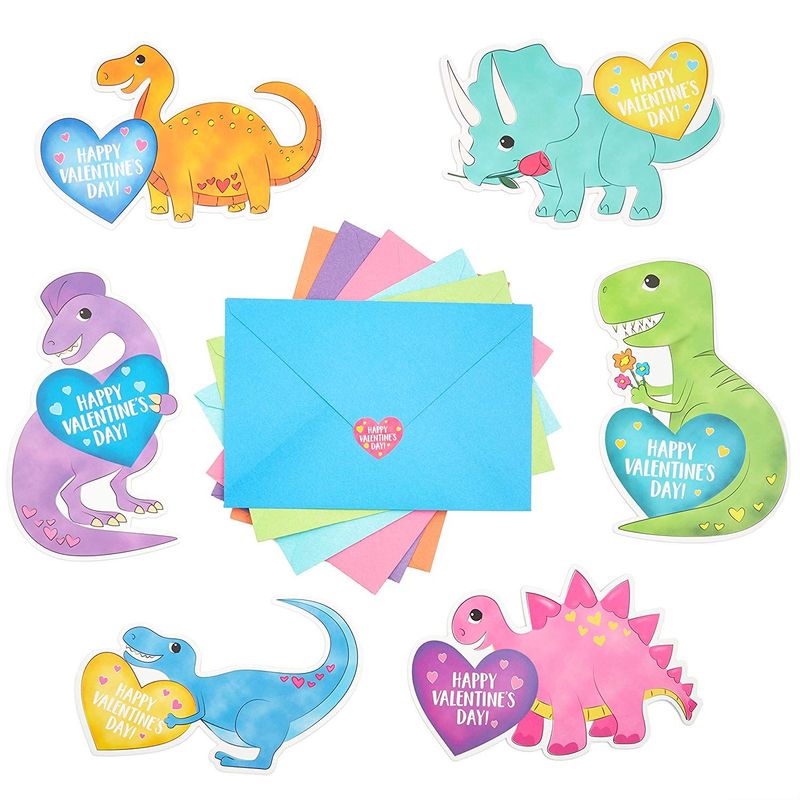 Valentine's Dinosaur Cards with Stickers and Envelopes for Kids (36 Pack)