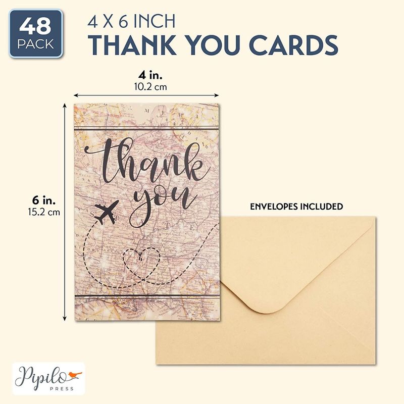 Kraft Travel Map Thank You Cards with Envelopes (4 x 6 Inches, 48 Pack)