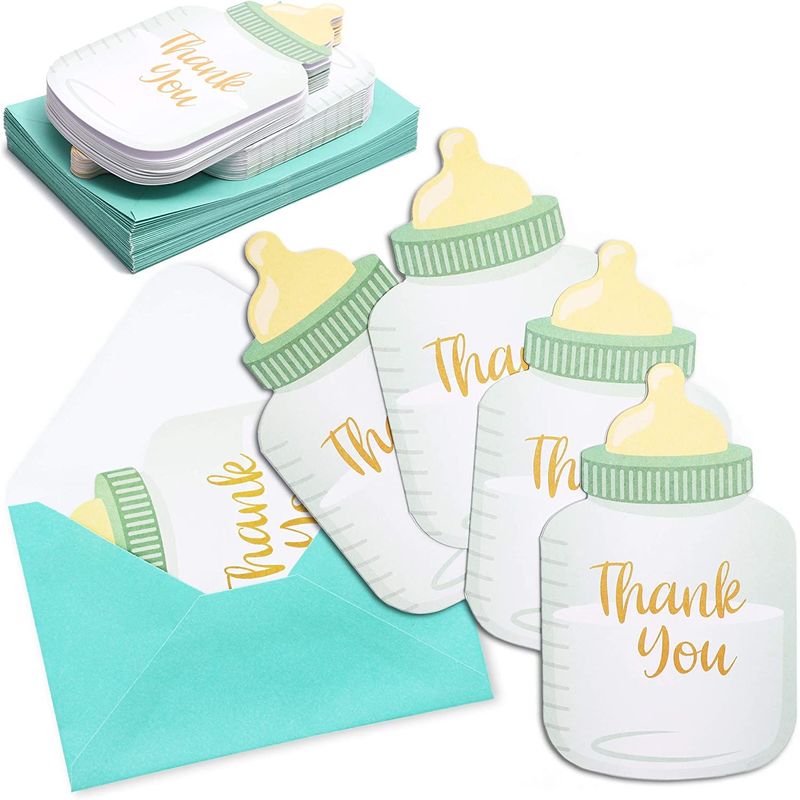 Baby Shower Thank You Cards with Blue Envelopes, Bottle Design (4 x 6 In, 36 Pack)
