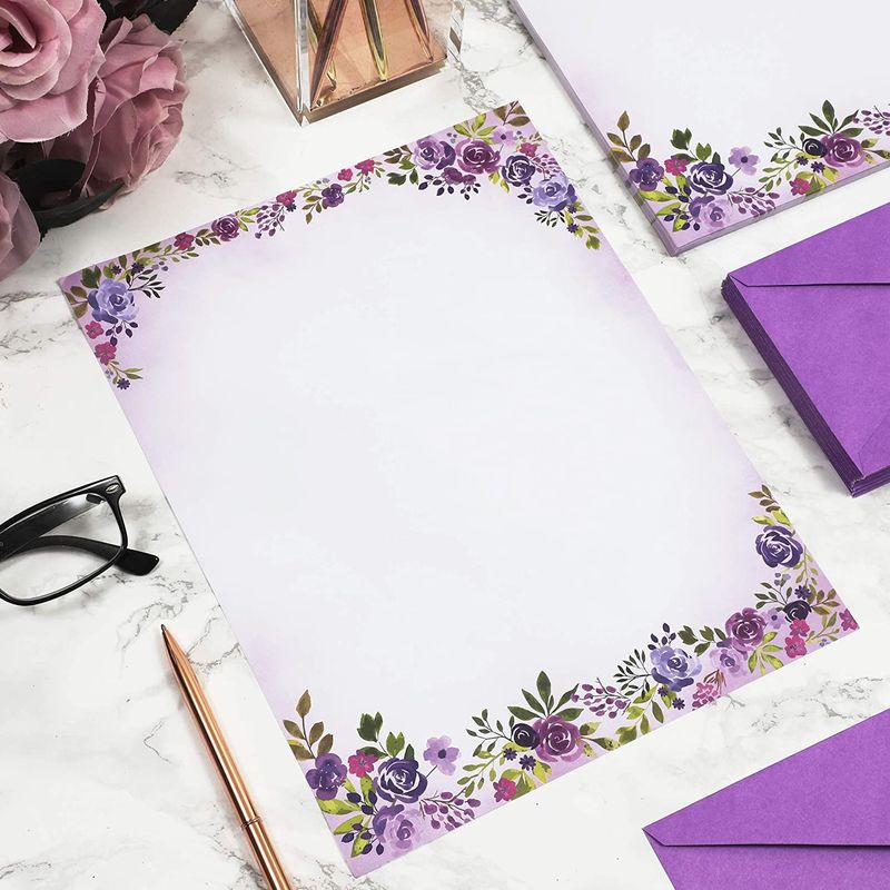 Purple Watercolor Floral Stationery Paper and Envelopes Set (8.5 x 11 – Pipilo Press