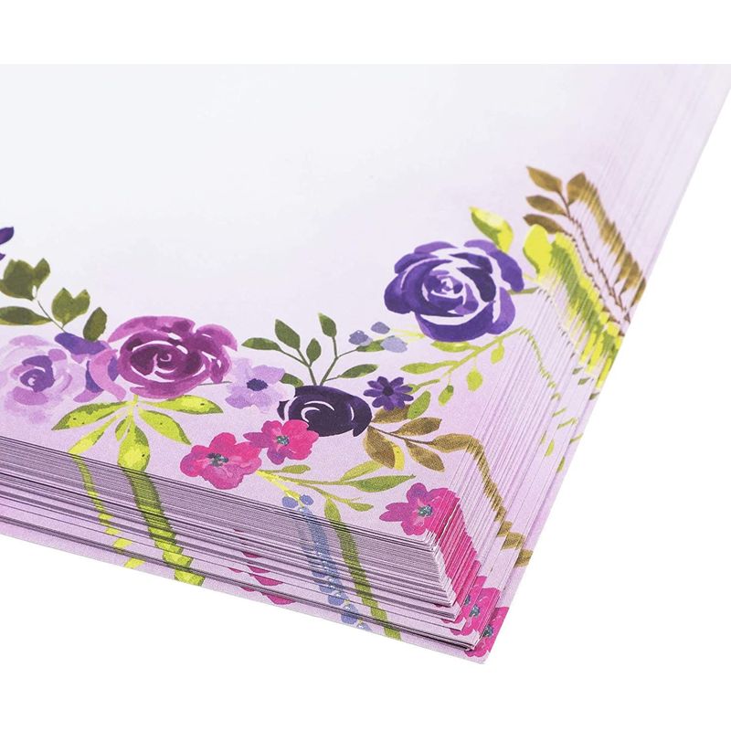 Purple Watercolor Floral Stationery Paper and Envelopes Set (8.5 x 11 In, 48 Pack)