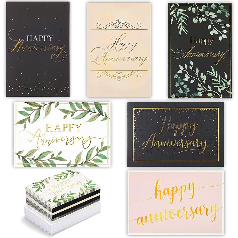 Happy Anniversary Cards with 6 Gold Foil Designs and Envelopes (4 x 6 in, 48 Pk)