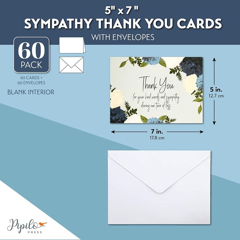 Floral Thank You Cards with Envelopes for Funeral (5 x 7 Inches, 60 Pack)