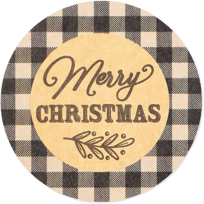 Merry Christmas Stickers Roll with Buffalo Plaid (1.5 in, 500 Pieces)