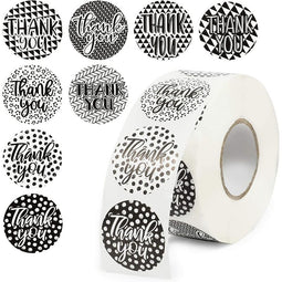 Geometric Thank You Stickers Roll (Black, White, 1.5 in, 1000 Pack)