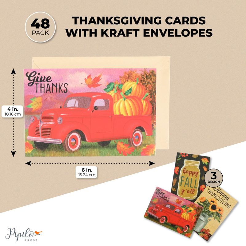 Happy Thanksgiving Cards with Kraft Envelopes (4 x 6 In, 3 Designs, 48 Pieces)