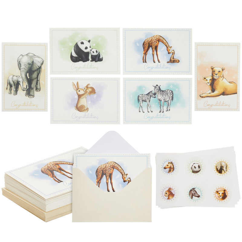 24 Pack Blank Baby Shower Cards and Envelopes with Sticker Seals, 6 Animal Designs (4x6 In)