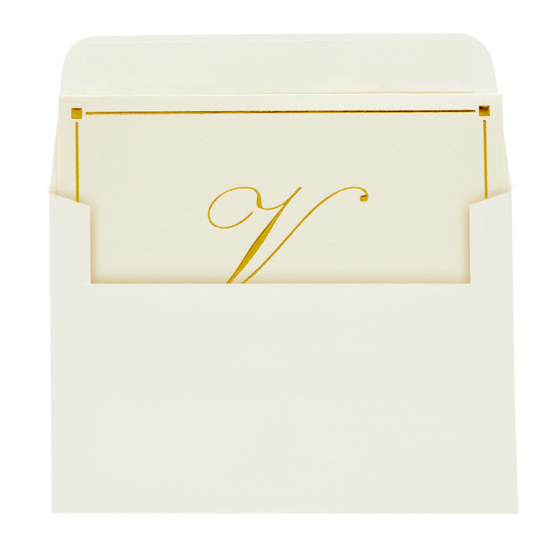 Gold Foil Letter V Personalized Blank Note Cards with Envelopes 4x6, Initial V Monogrammed Stationery Set (Ivory, 24 Pack)